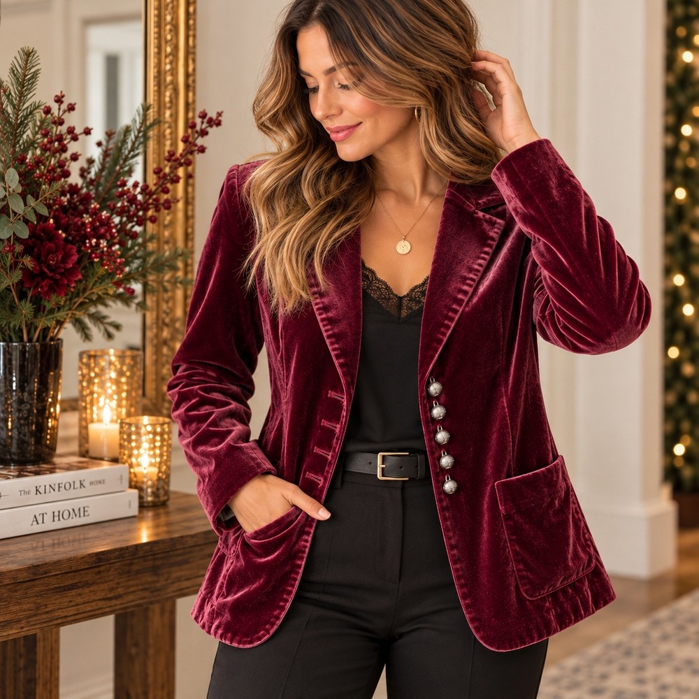 Style & Co Burgundy Velvet Blazer Women's 14 Holiday Party Goth Romantic Jacket